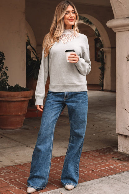 Light Grey Button Keyhole Lace Patchwork Drop Shoulder Sweater - Crowned Energy CO.