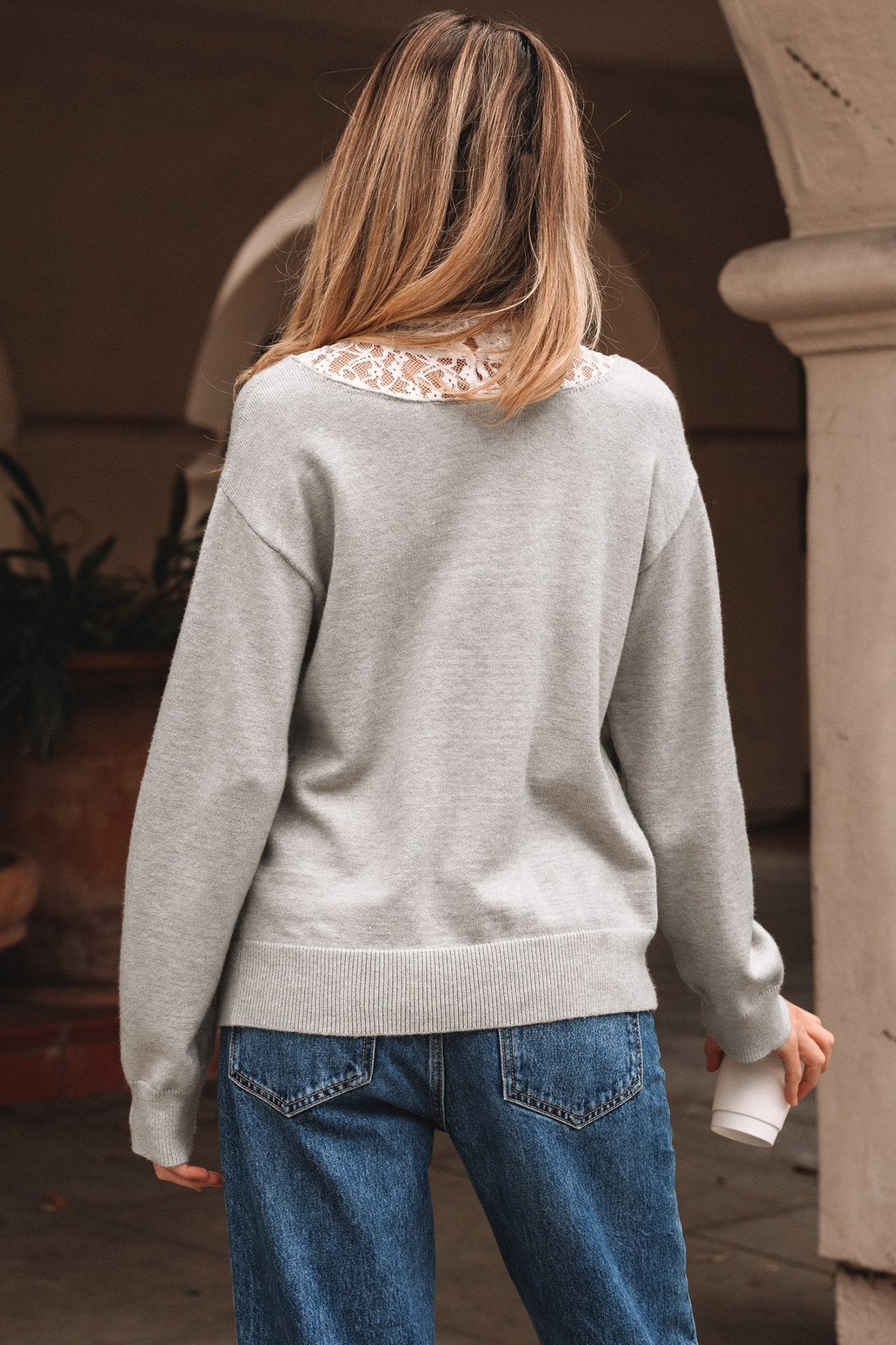 Light Grey Button Keyhole Lace Patchwork Drop Shoulder Sweater - Crowned Energy CO.