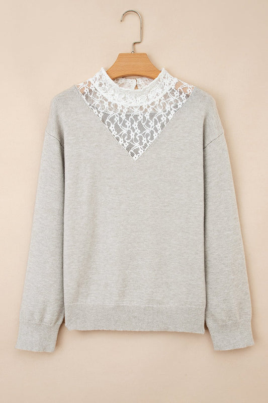 Light Grey Button Keyhole Lace Patchwork Drop Shoulder Sweater - Crowned Energy CO.