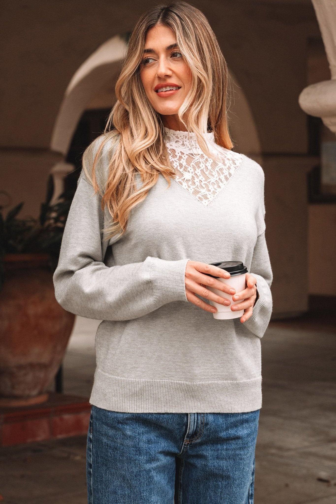 Light Grey Button Keyhole Lace Patchwork Drop Shoulder Sweater - Crowned Energy CO.
