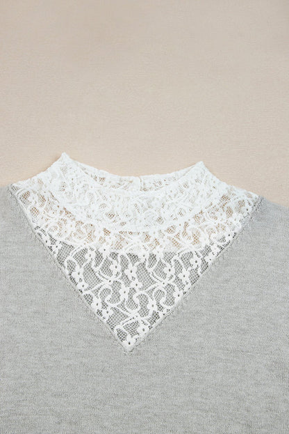 Light Grey Button Keyhole Lace Patchwork Drop Shoulder Sweater - Crowned Energy CO.