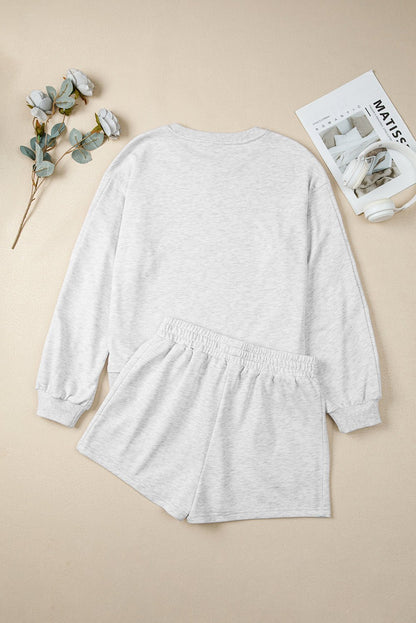 Light Grey Girly Bow Embroidered Detail Puff Sleeve Pullover 2pcs Short Set - Goddess Vibes