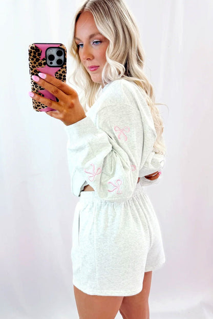 Light Grey Girly Bow Embroidered Detail Puff Sleeve Pullover 2pcs Short Set - Goddess Vibes