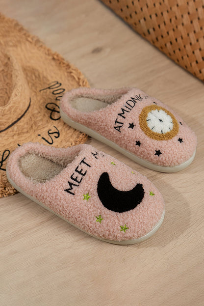 Light Pink Moon & Clock Pattern Fuzzy Home Slippers - Goddess Vibes