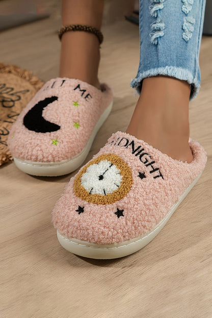 Light Pink Moon & Clock Pattern Fuzzy Home Slippers - Goddess Vibes