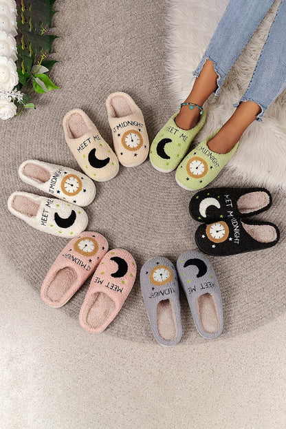 Light Pink Moon & Clock Pattern Fuzzy Home Slippers - Goddess Vibes