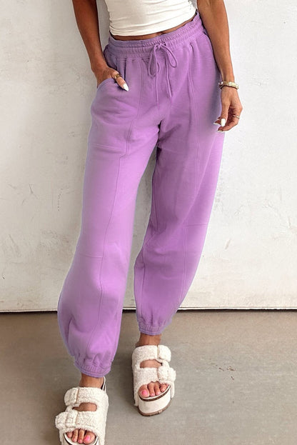 Lilac Drawstring Elastic Waistband Solid Color Jogger Pants - Goddess Vibes