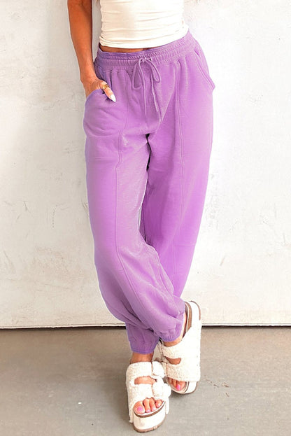Lilac Drawstring Elastic Waistband Solid Color Jogger Pants - Goddess Vibes