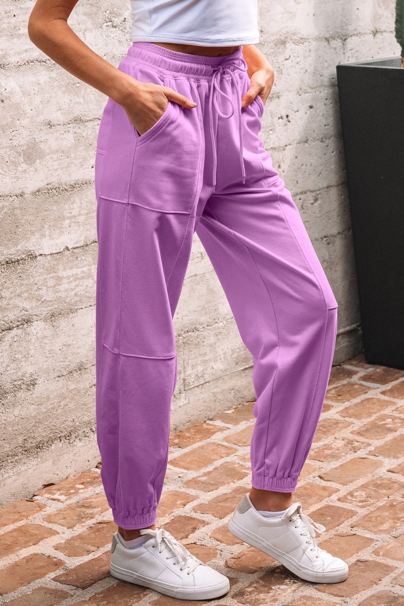 Lilac Drawstring Elastic Waistband Solid Color Jogger Pants - Crowned Energy CO.