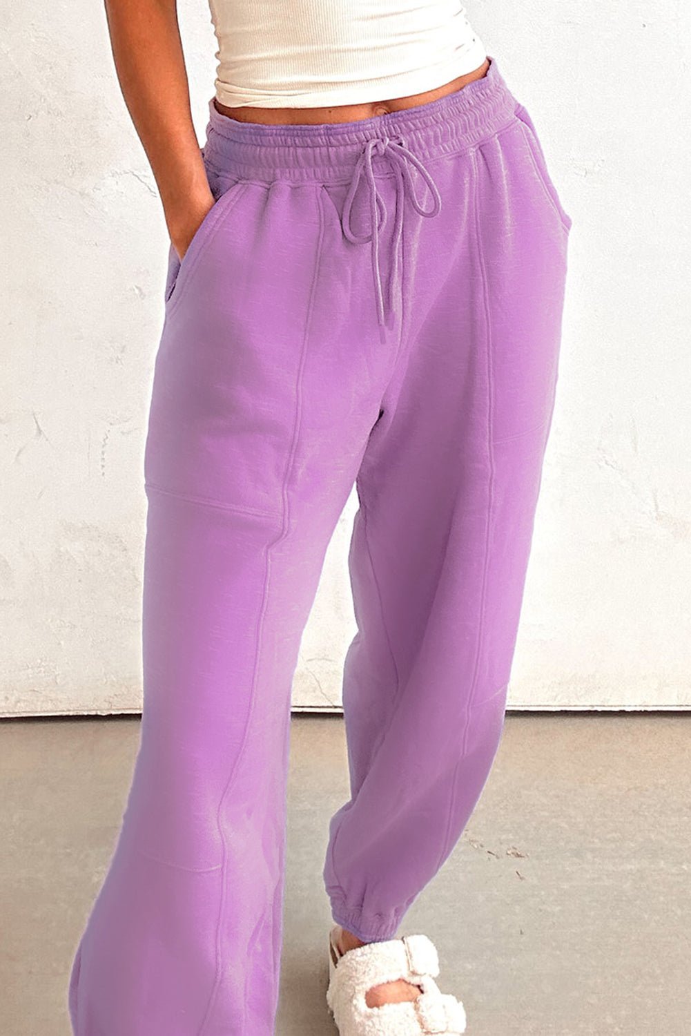 Lilac Drawstring Elastic Waistband Solid Color Jogger Pants - Goddess Vibes