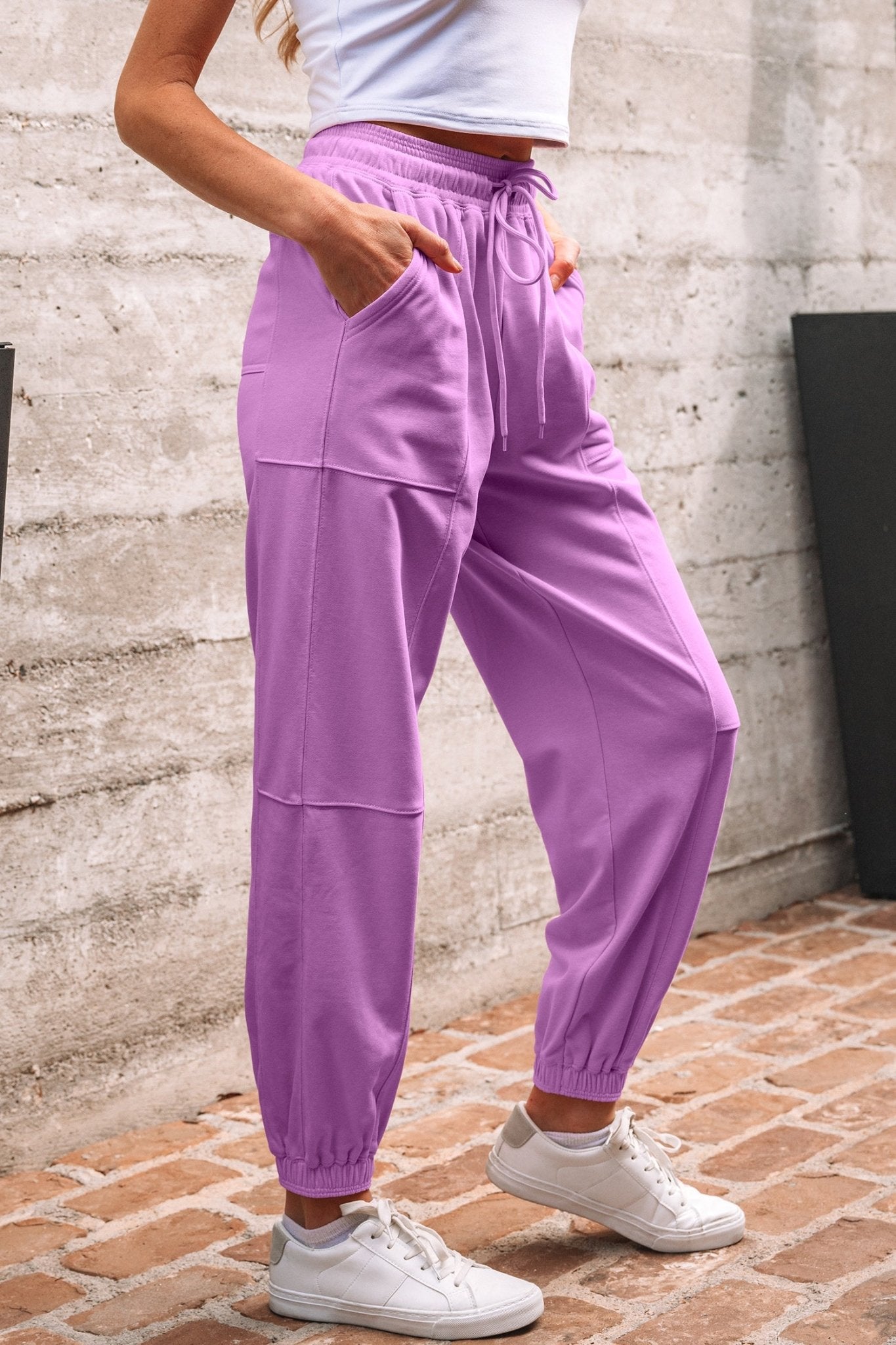 Lilac Drawstring Elastic Waistband Solid Color Jogger Pants - Crowned Energy CO.