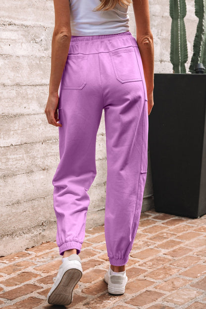Lilac Drawstring Elastic Waistband Solid Color Jogger Pants - Crowned Energy CO.
