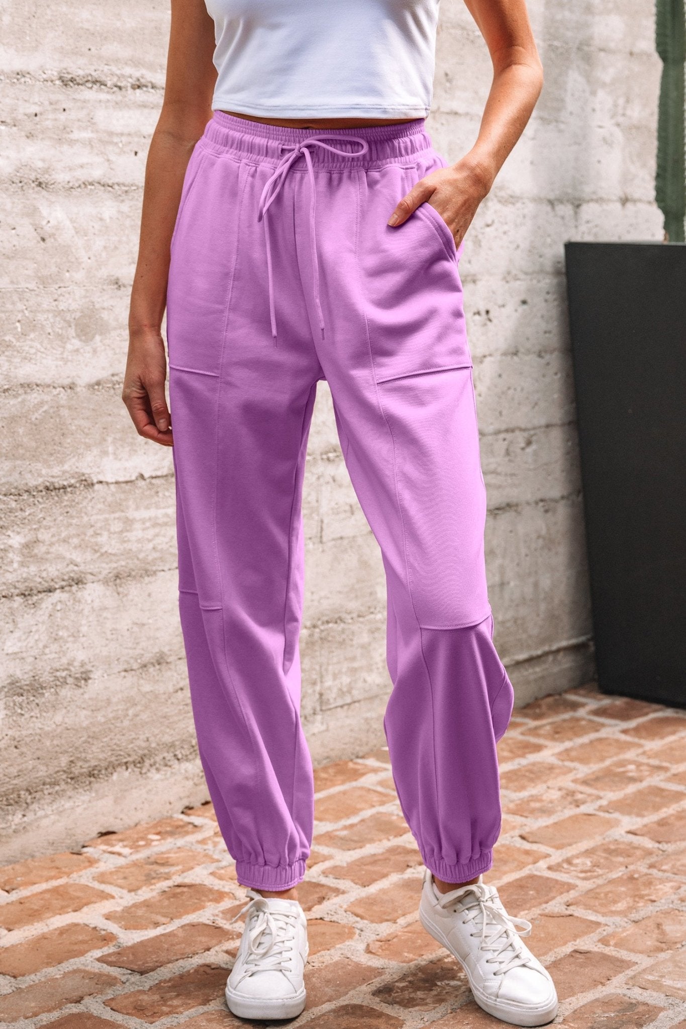 Lilac Drawstring Elastic Waistband Solid Color Jogger Pants - Crowned Energy CO.