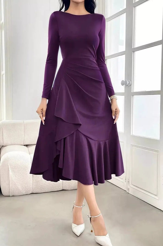 Long Sleeve Ruched Midi Dress with Asymmetrical Ruffle Hem - Goddess Vibes