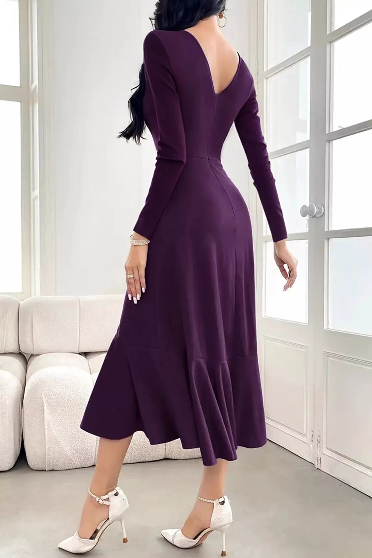 Long Sleeve Ruched Midi Dress with Asymmetrical Ruffle Hem - Goddess Vibes