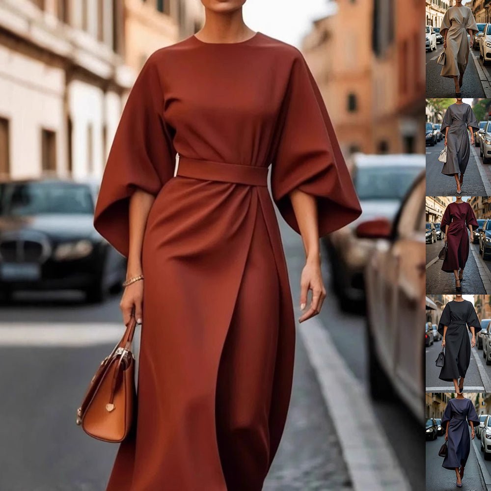 Loose Batwing Sleeve Dress Fashion Waist - tighted Solid Color Elegant Dresses For Women Clothing - Goddess Vibes