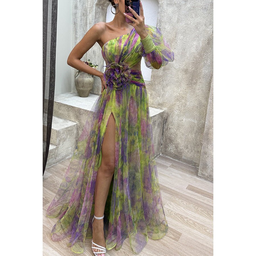 Mesh Tie - dye Printed Off - shoulder Slit Dress Summer INS Fashion Long Dress Party Womens Clothing - Goddess Vibes