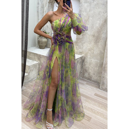 Mesh Tie - dye Printed Off - shoulder Slit Dress Summer INS Fashion Long Dress Party Womens Clothing - Goddess Vibes