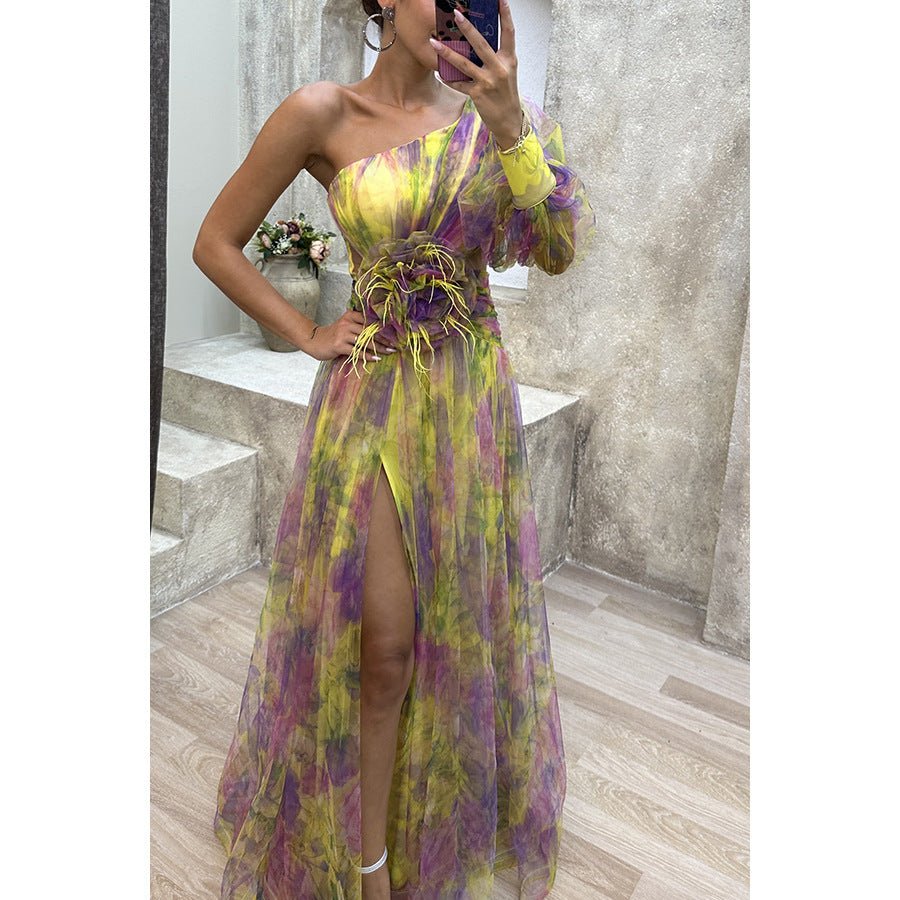 Mesh Tie - dye Printed Off - shoulder Slit Dress Summer INS Fashion Long Dress Party Womens Clothing - Goddess Vibes