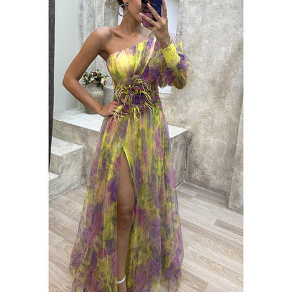 Mesh Tie - dye Printed Off - shoulder Slit Dress Summer INS Fashion Long Dress Party Womens Clothing - Goddess Vibes