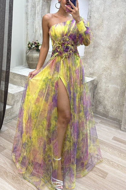 Mesh Tie - dye Printed Off - shoulder Slit Dress Summer INS Fashion Long Dress Party Womens Clothing - Goddess Vibes