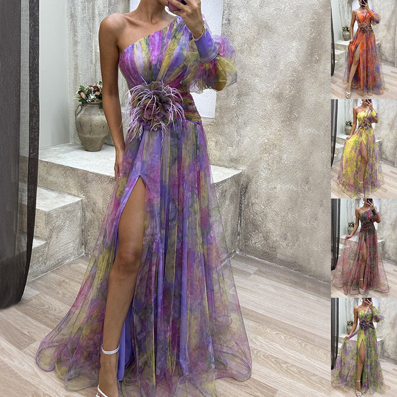 Mesh Tie - dye Printed Off - shoulder Slit Dress Summer INS Fashion Long Dress Party Womens Clothing - Goddess Vibes
