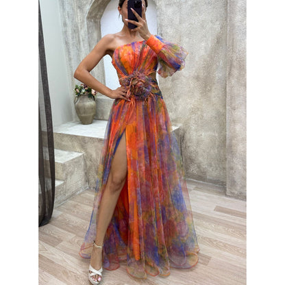 Mesh Tie - dye Printed Off - shoulder Slit Dress Summer INS Fashion Long Dress Party Womens Clothing - Goddess Vibes