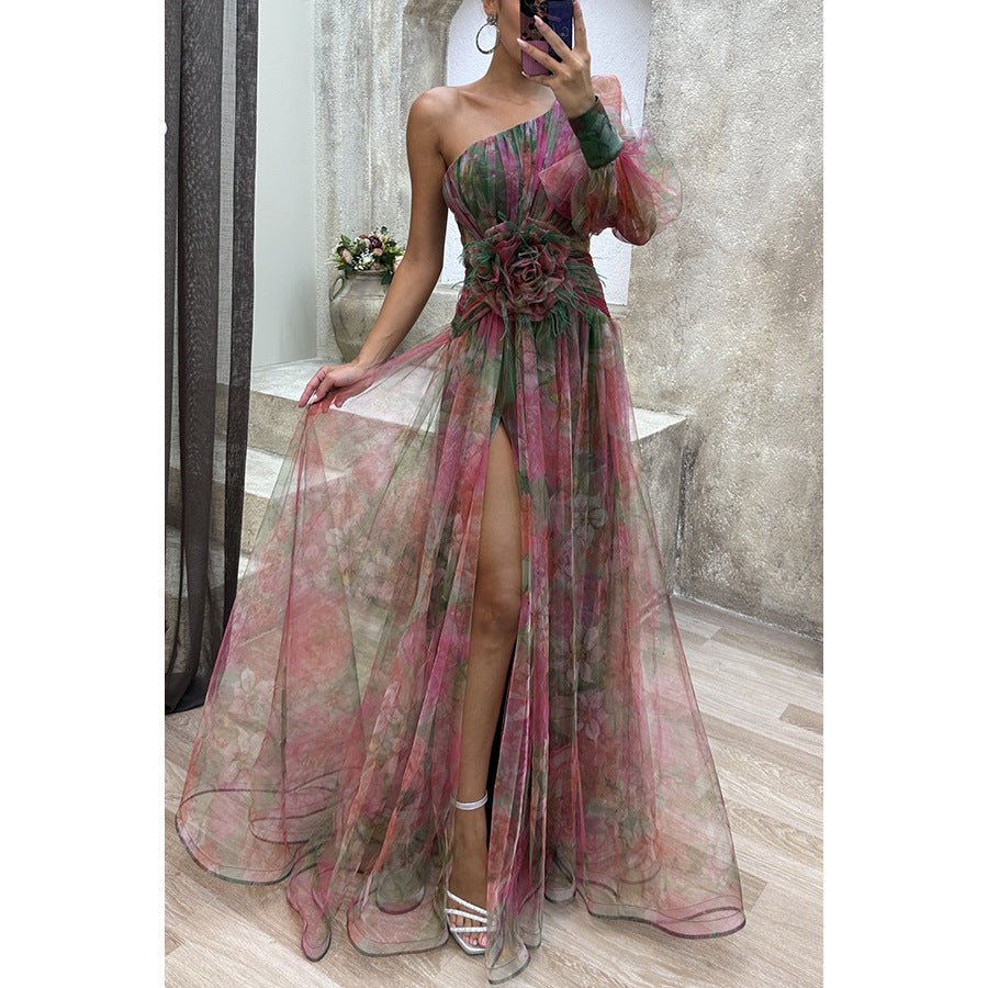 Mesh Tie - dye Printed Off - shoulder Slit Dress Summer INS Fashion Long Dress Party Womens Clothing - Goddess Vibes