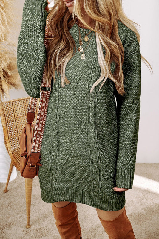 Mist Green Cable Knit Drop Shoulder Loose Fit Sweater Dress - Goddess Vibes