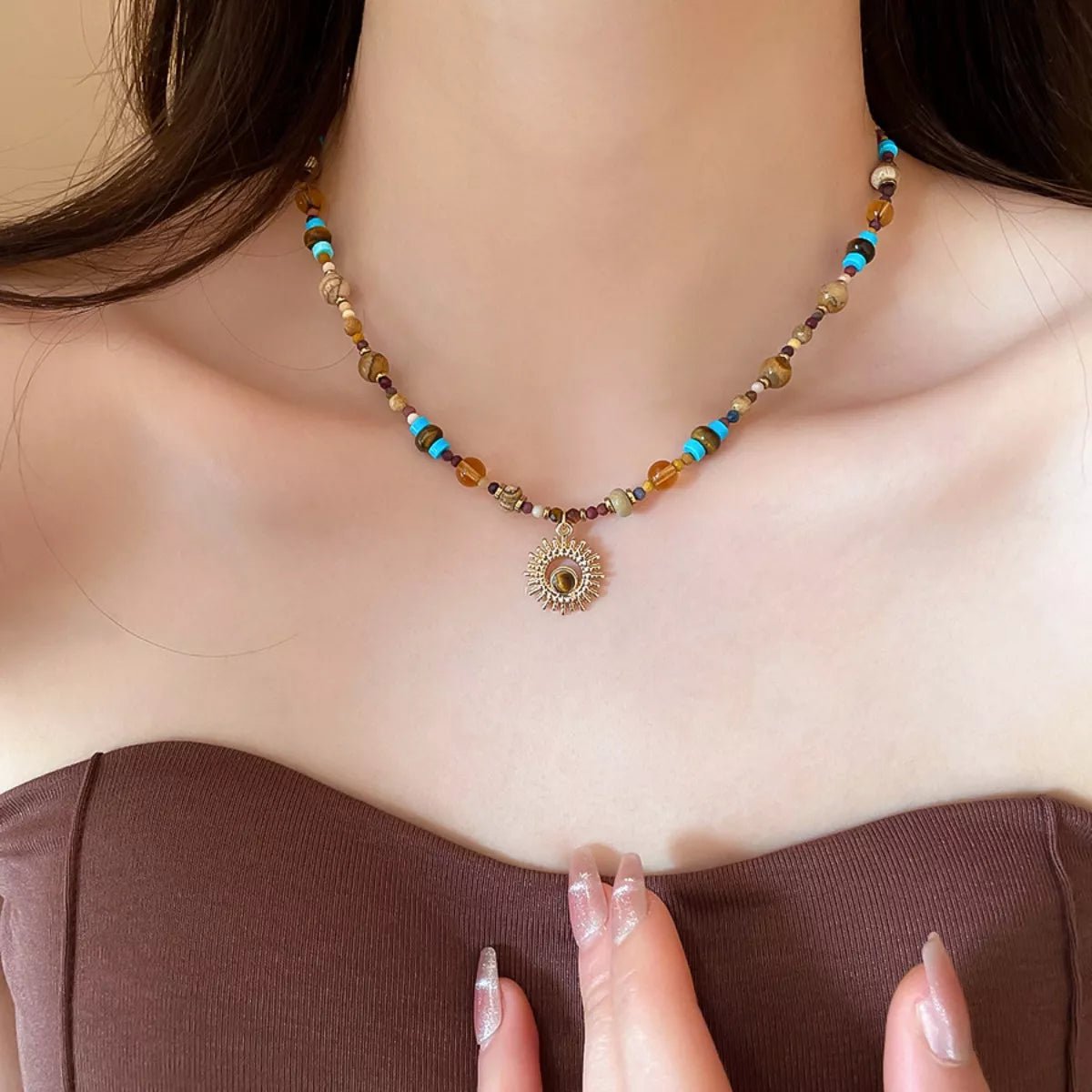 Multi - Color Beaded Sunflower Pendant Necklace - Goddess Vibes