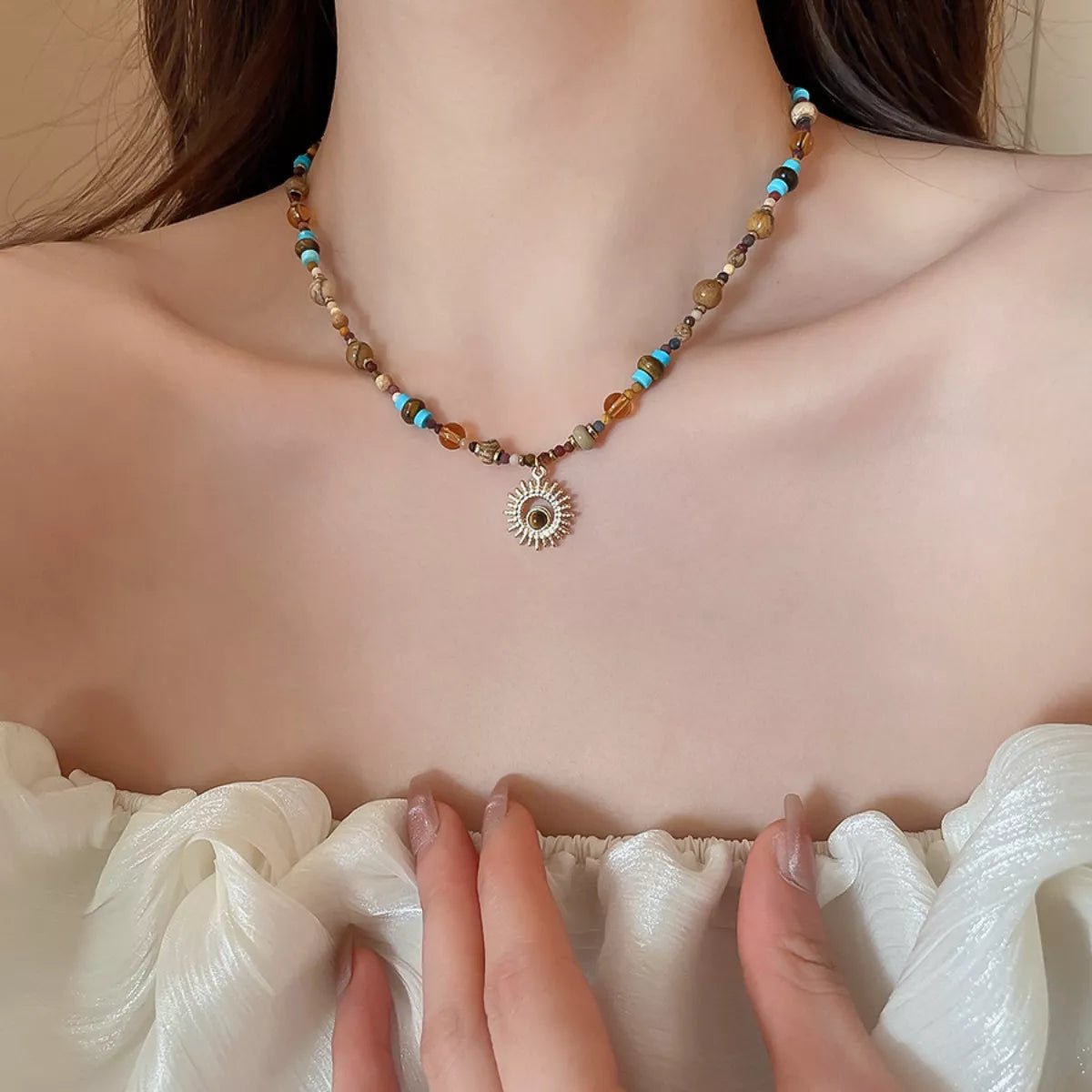 Multi - Color Beaded Sunflower Pendant Necklace - Goddess Vibes