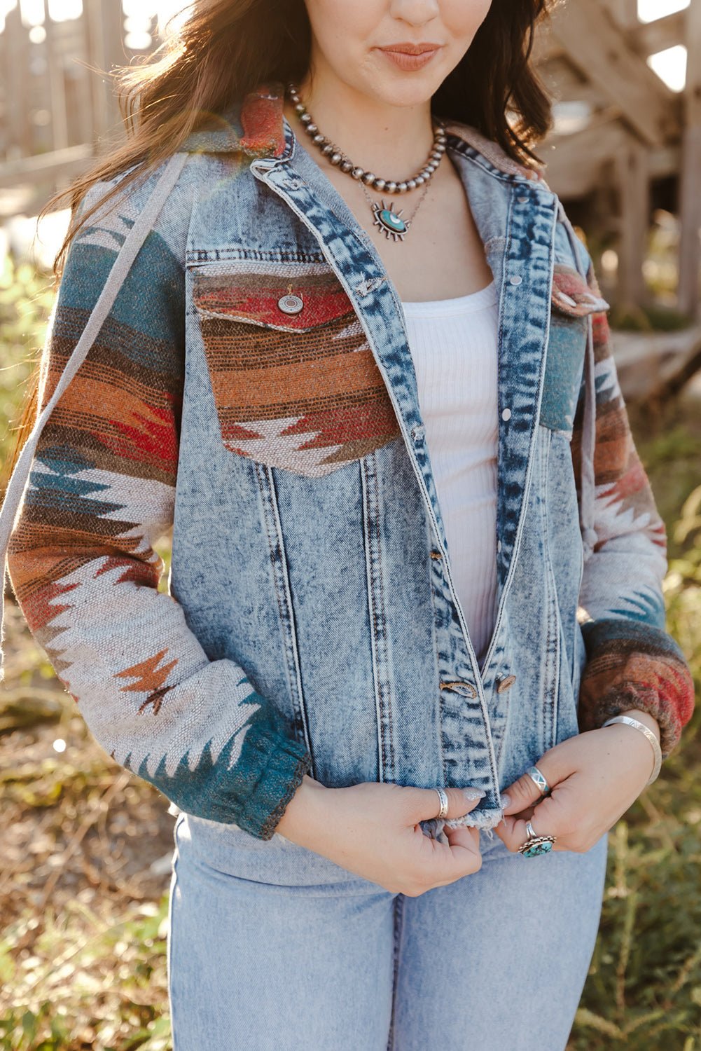 Multicolor Aztec Print Frayed Hem Denim Jacket - Goddess Vibes