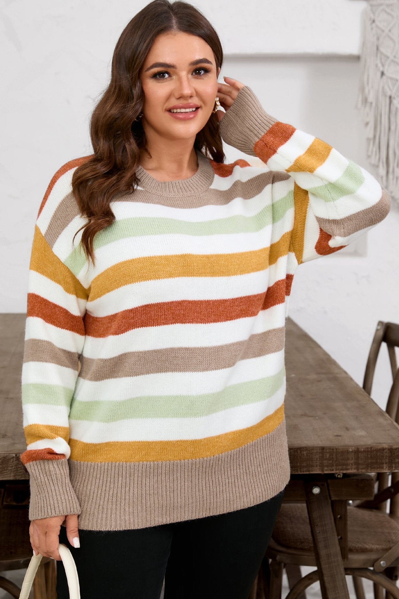 Multicolour Striped Colorblock Drop Shoulder Plus Size Sweater - Crowned Energy CO.