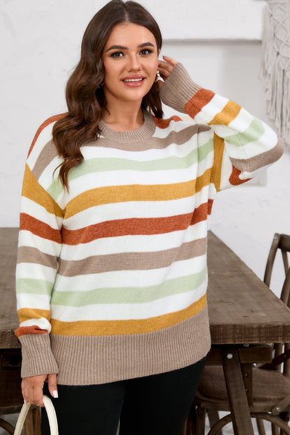 Multicolour Striped Colorblock Drop Shoulder Plus Size Sweater - Crowned Energy CO.