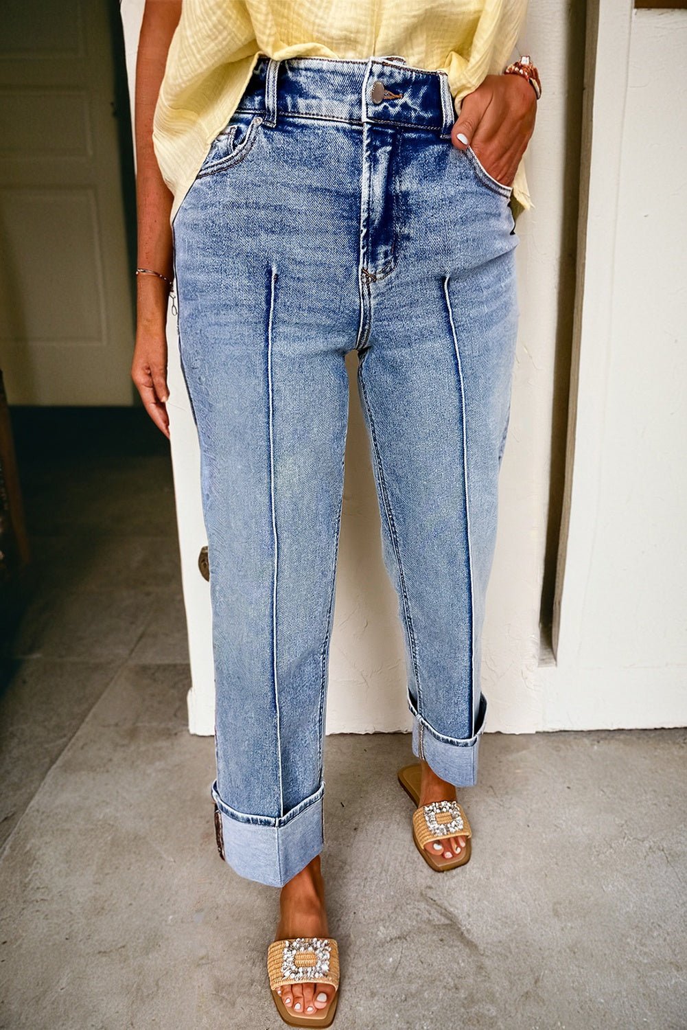 Myosotis Center Seam Cuffed Hem Straight High Waist Jeans - Goddess Vibes