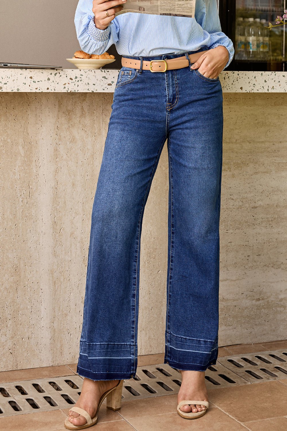 Navy Blue Raw Hem Unique Cuffs Straight High Rise Loose Jeans - Goddess Vibes