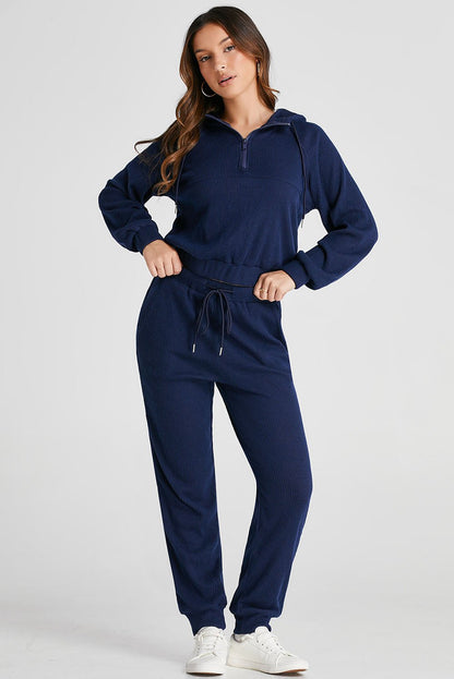 Navy Blue Ribbed Knit Cropped Hoodie and Drawstring Joggers Set - Goddess Vibes