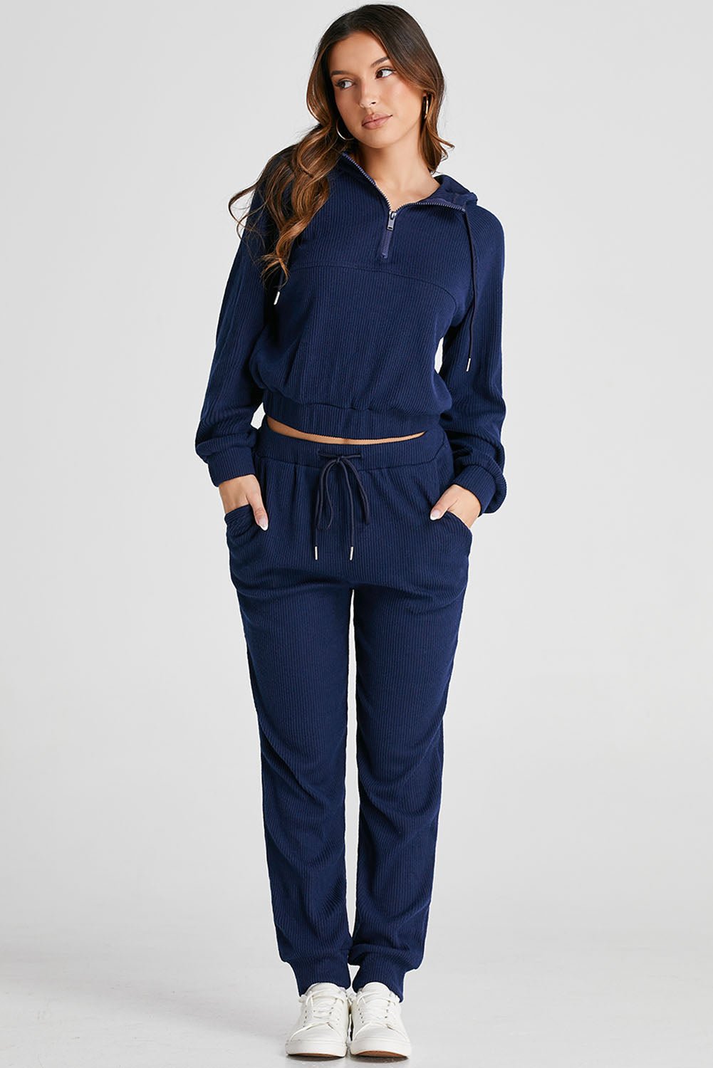 Navy Blue Ribbed Knit Cropped Hoodie and Drawstring Joggers Set - Goddess Vibes