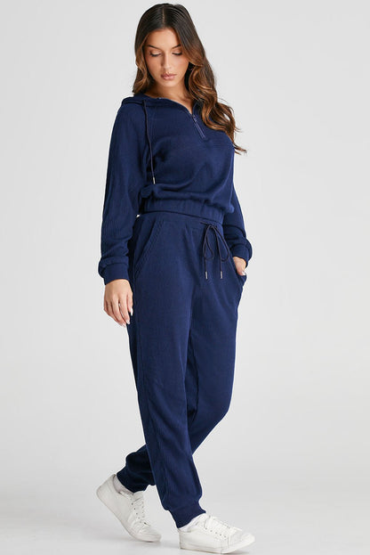 Navy Blue Ribbed Knit Cropped Hoodie and Drawstring Joggers Set - Goddess Vibes