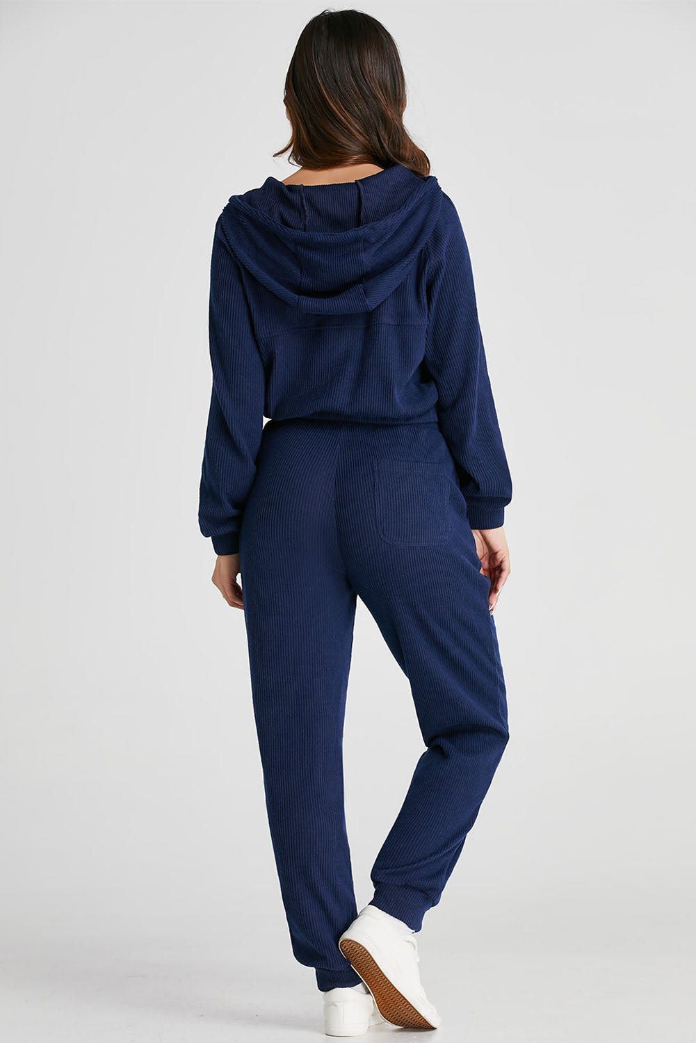 Navy Blue Ribbed Knit Cropped Hoodie and Drawstring Joggers Set - Goddess Vibes