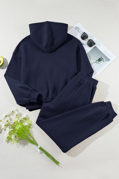 Navy Blue Solid Exposed Seams Hoodie and Joggers Activewear Set - Crowned Energy CO.
