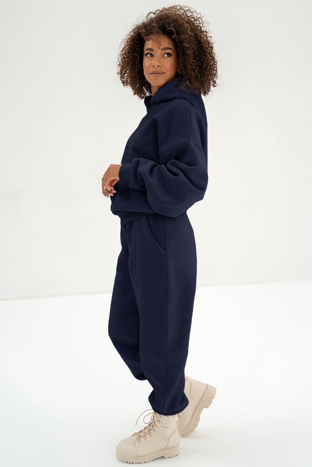 Navy Blue Solid Exposed Seams Hoodie and Joggers Activewear Set - Crowned Energy CO.