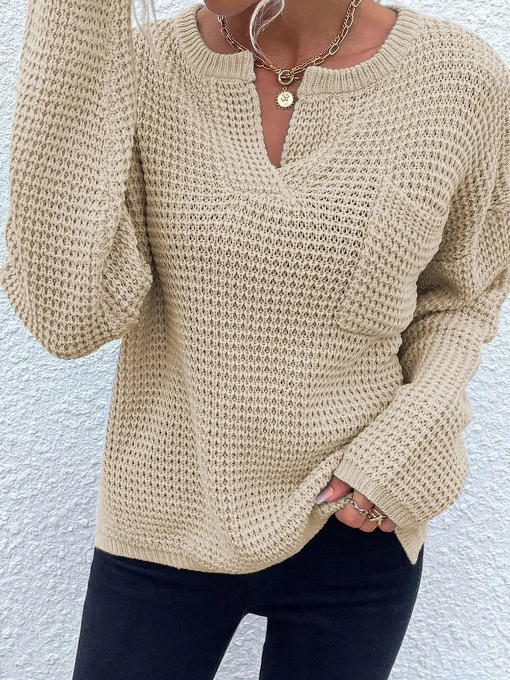 Notched Long Sleeve Sweater - Goddess Vibes