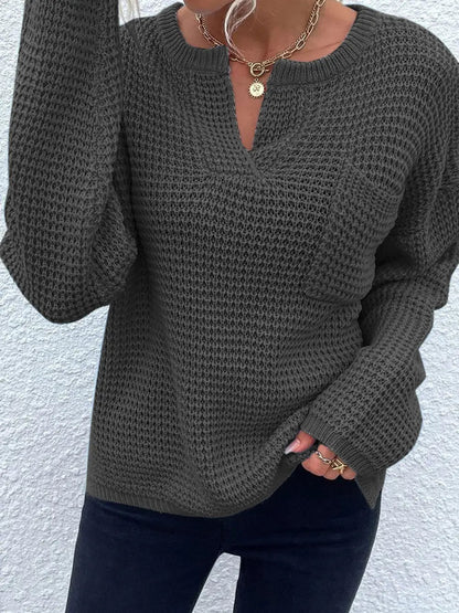 Notched Long Sleeve Sweater - Goddess Vibes