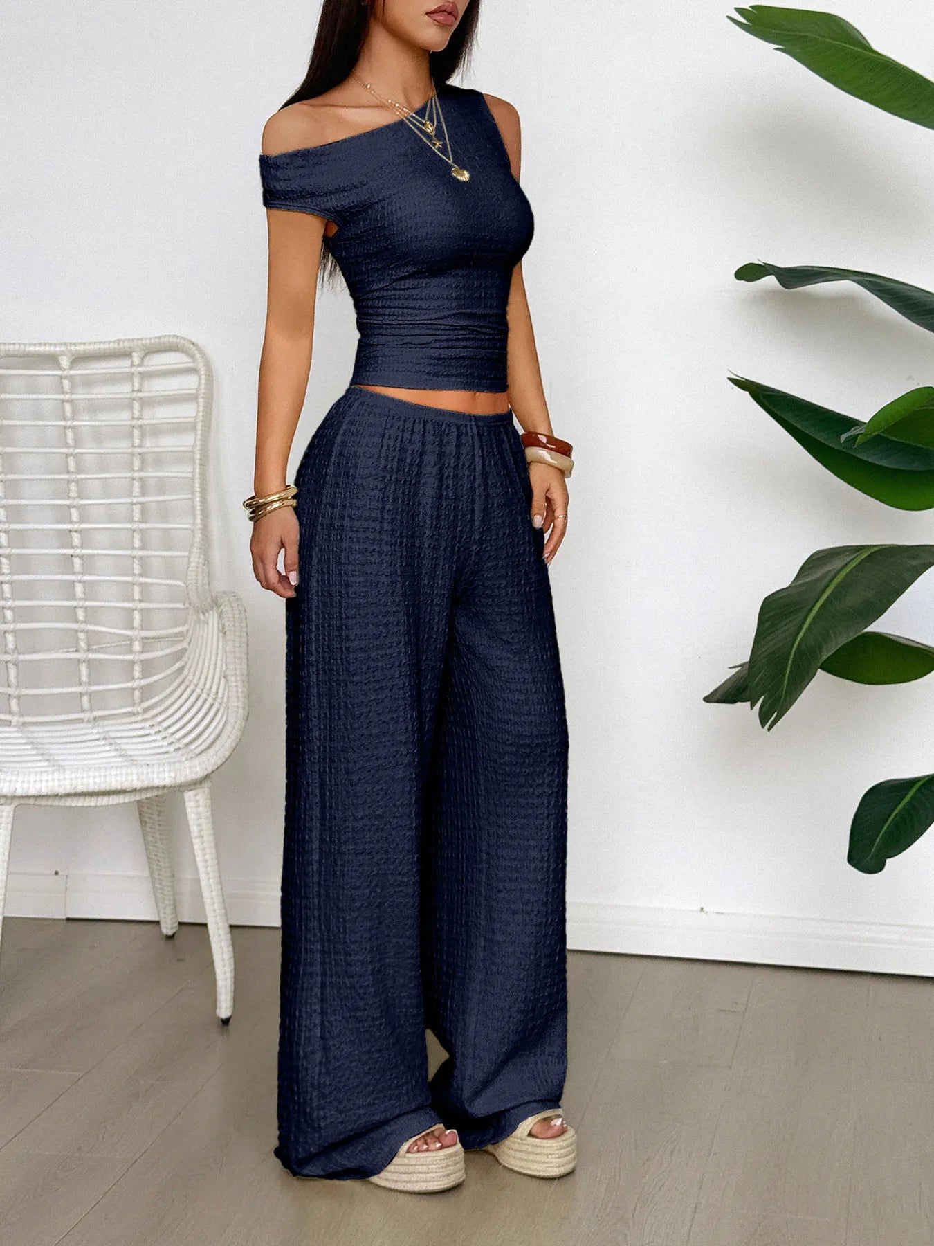 One Shoulder Top and Wide Leg Pants Set - Goddess Vibes