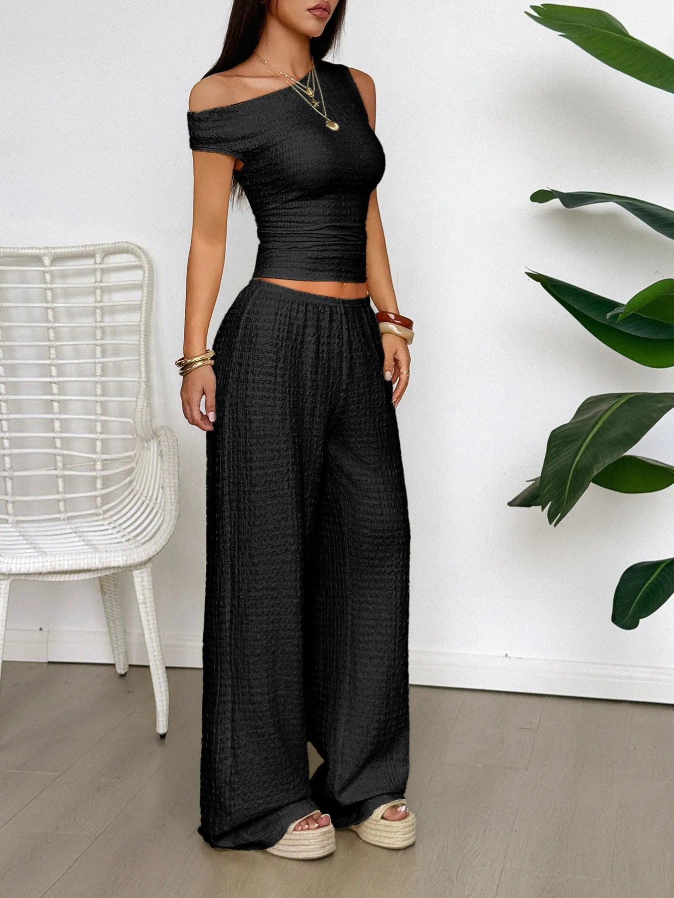 One Shoulder Top and Wide Leg Pants Set - Goddess Vibes