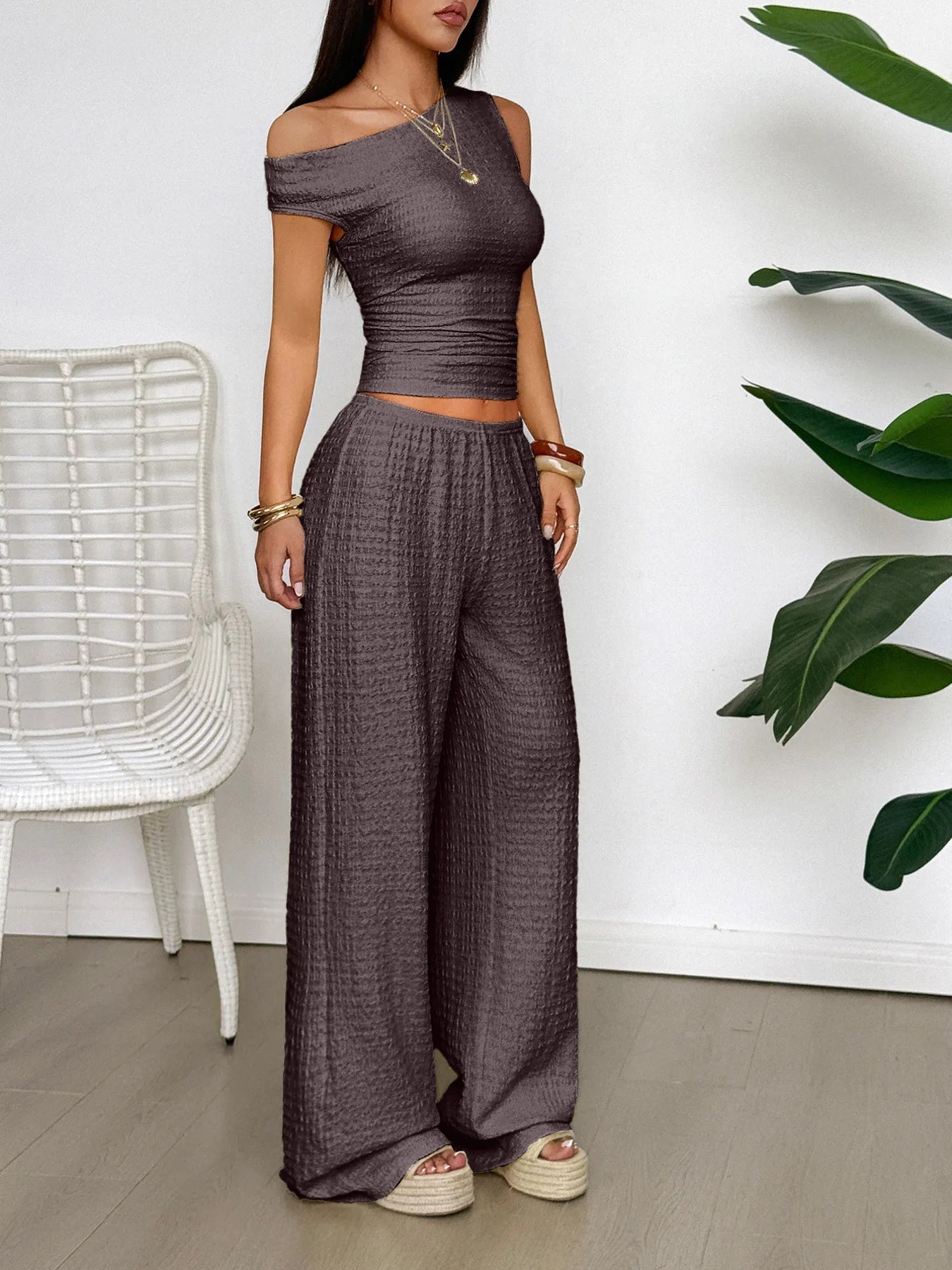 One Shoulder Top and Wide Leg Pants Set - Goddess Vibes