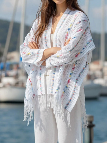 Openwork Fringe Open Front Knit Cape - Goddess Vibes