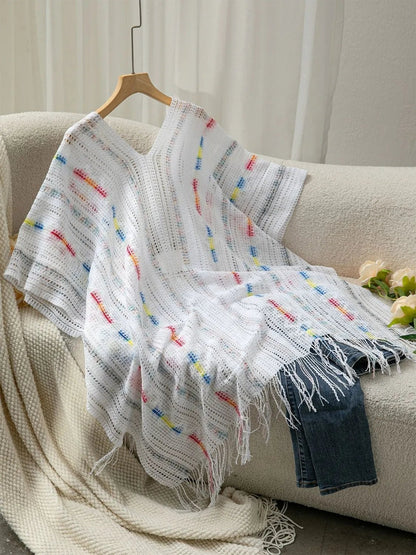 Openwork Fringe Open Front Knit Cape - Goddess Vibes