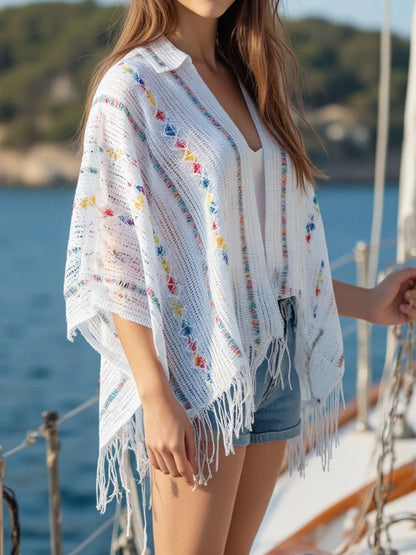 Openwork Fringe Open Front Knit Cape - Goddess Vibes